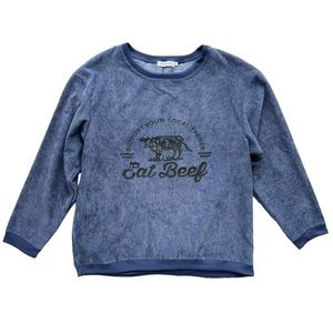 MissLook Women Size XL Blue Ribbed Graphic Eat Beef Cow Long Sleeve Pullover Top